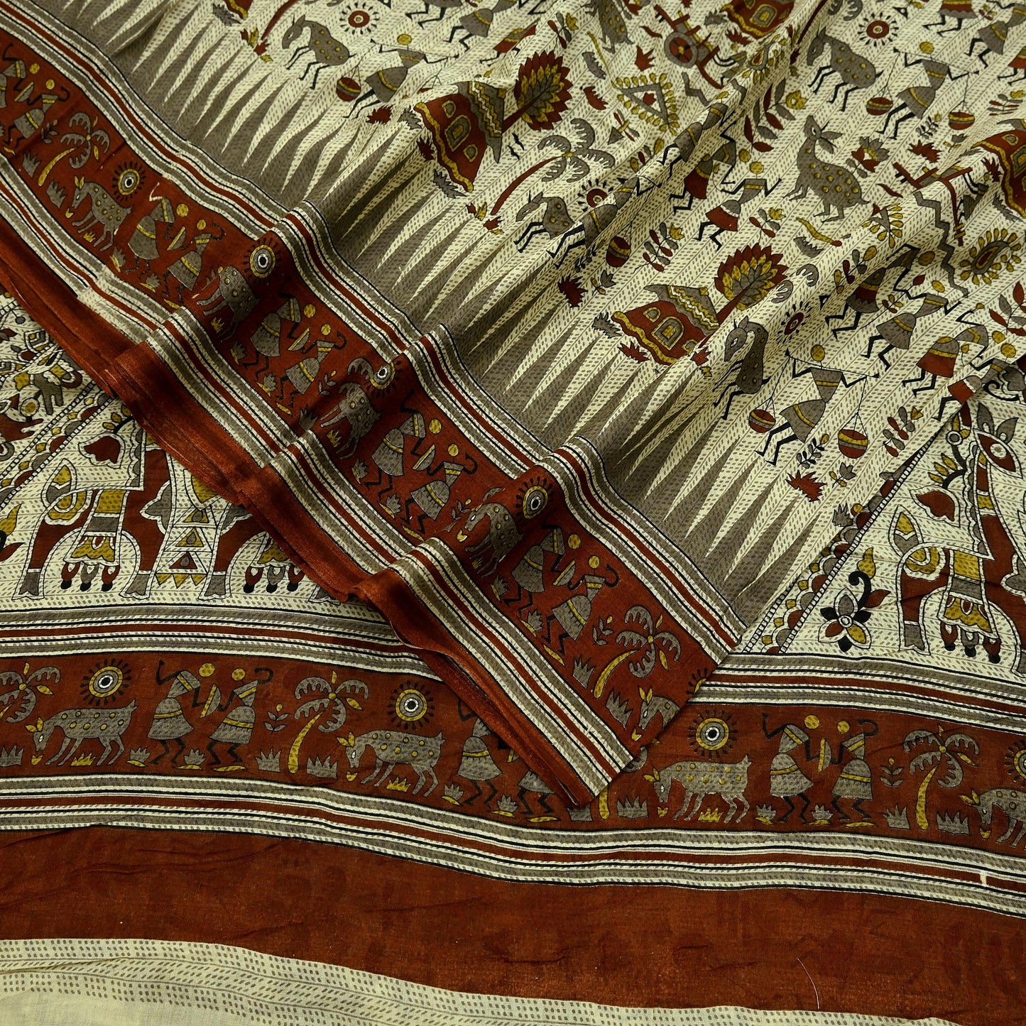 Indian Vintage Brown & Beige Saree Warli Print Pure Cotton Sari Craft Fabric 5Yd Soft Sewing Sarong Wrap Boho Dress making Crafting Quilting