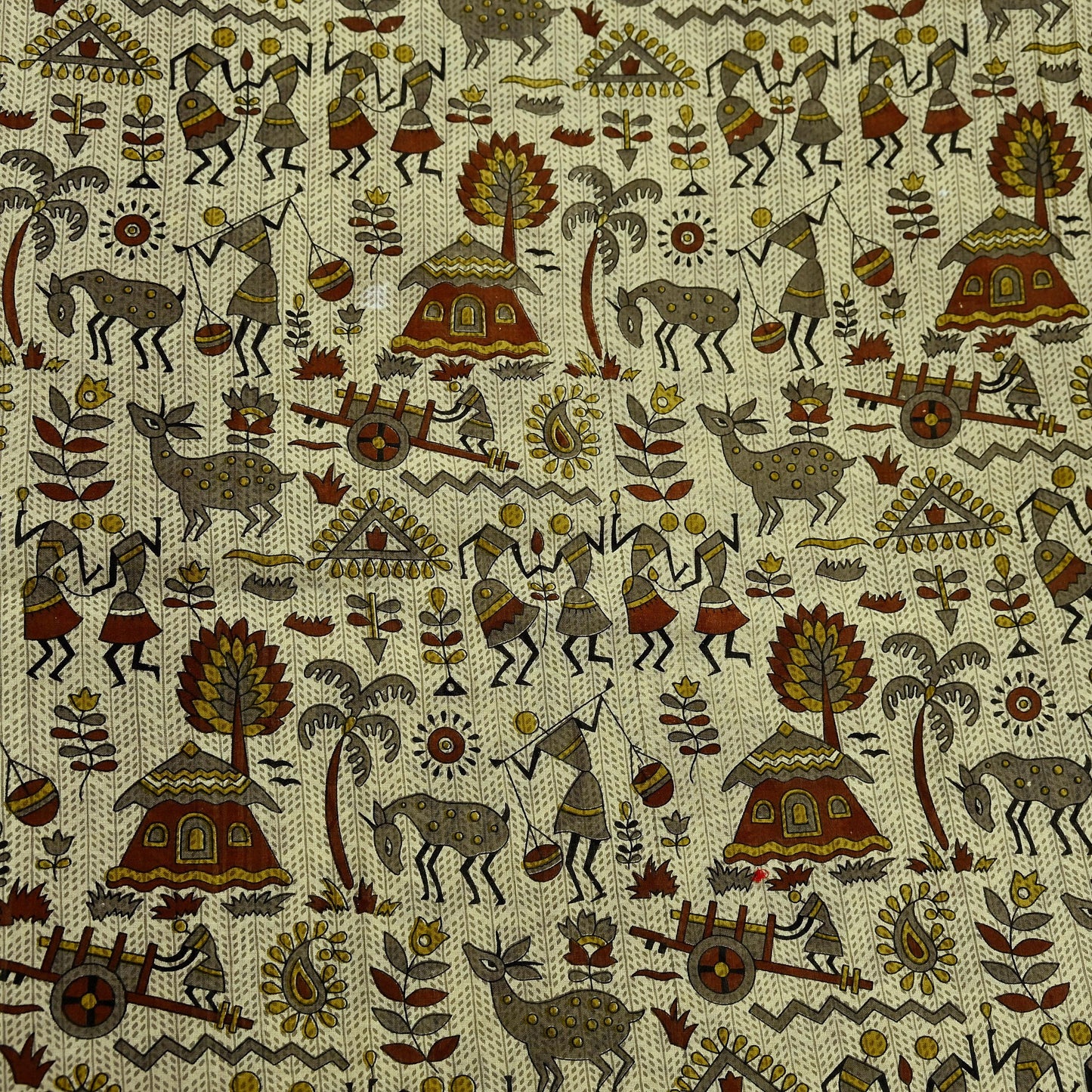 Indian Vintage Brown & Beige Saree Warli Print Pure Cotton Sari Craft Fabric 5Yd Soft Sewing Sarong Wrap Boho Dress making Crafting Quilting
