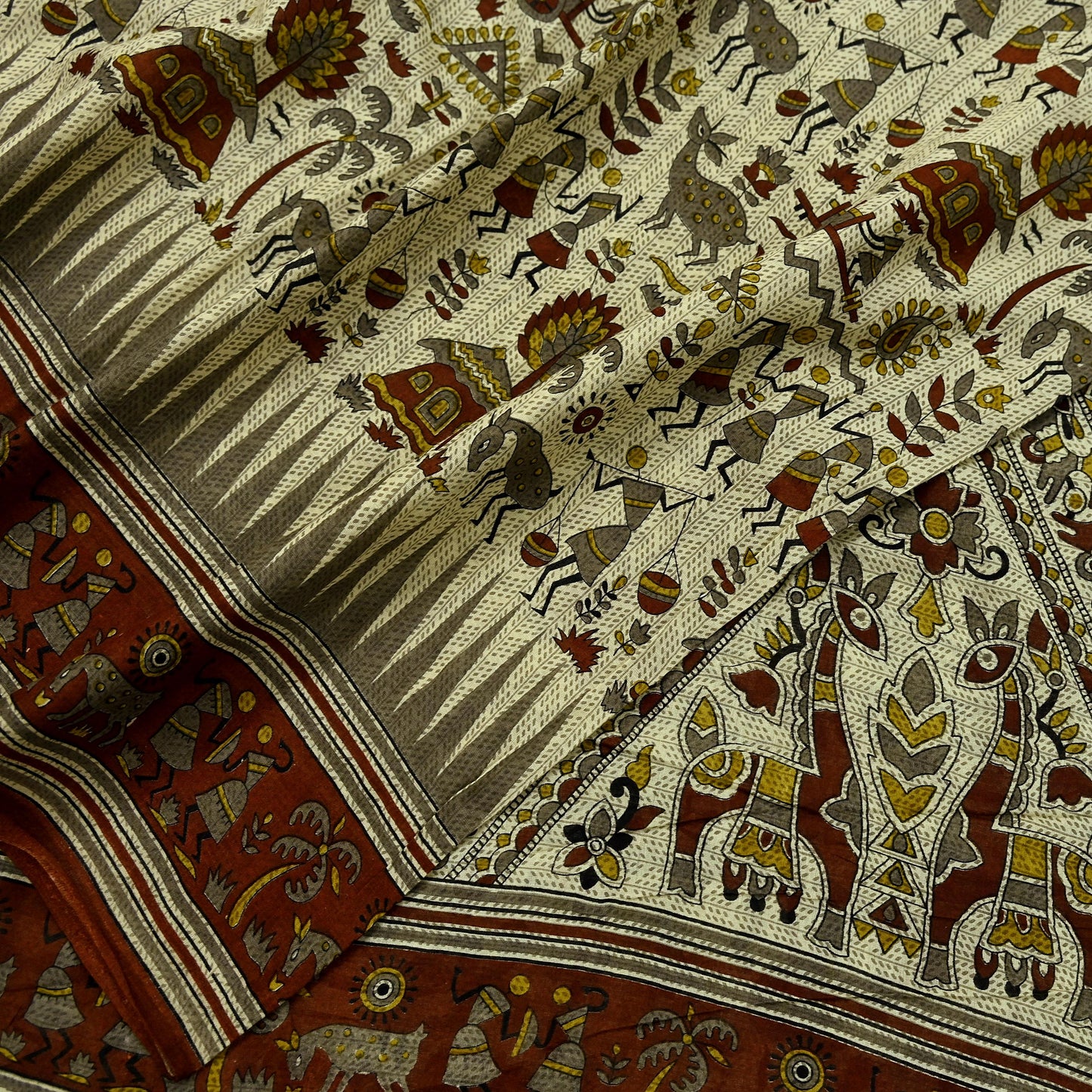 Indian Vintage Brown & Beige Saree Warli Print Pure Cotton Sari Craft Fabric 5Yd Soft Sewing Sarong Wrap Boho Dress making Crafting Quilting