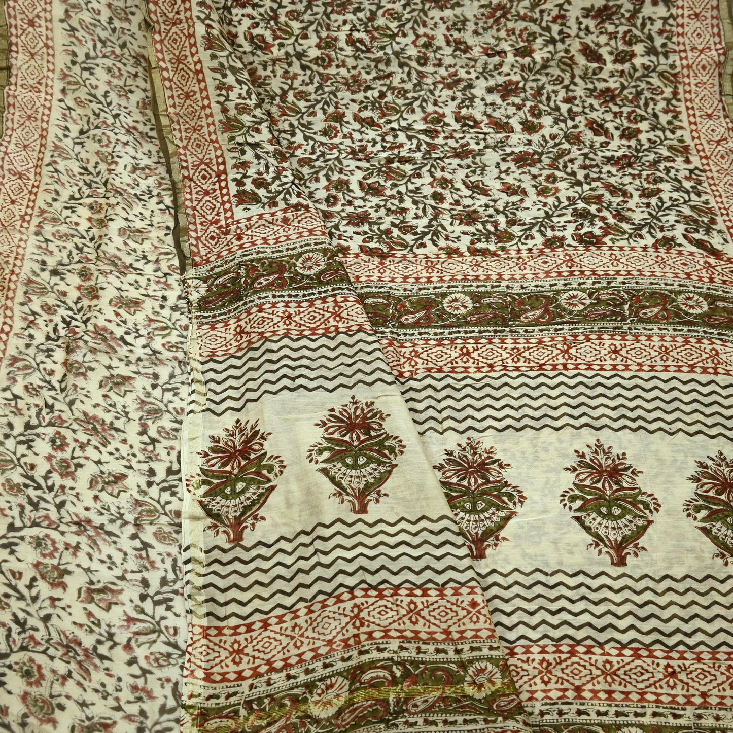 Indian Vintage Sari Beige Block Printed Chanderi Cotton Craft Fabric 5Yd Sewing Soft Dress Making Bollywood sarees Crafting Zari