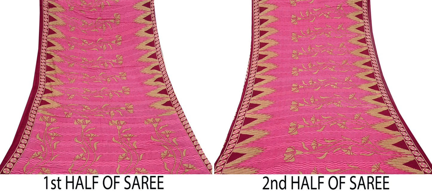 Indian Vintage Pink & Beige Saree Printed 100% Pure Cotton Sari Craft Fabric 5Yd Sewing Sarong Wrap Floral Dress making Quilting Crafting