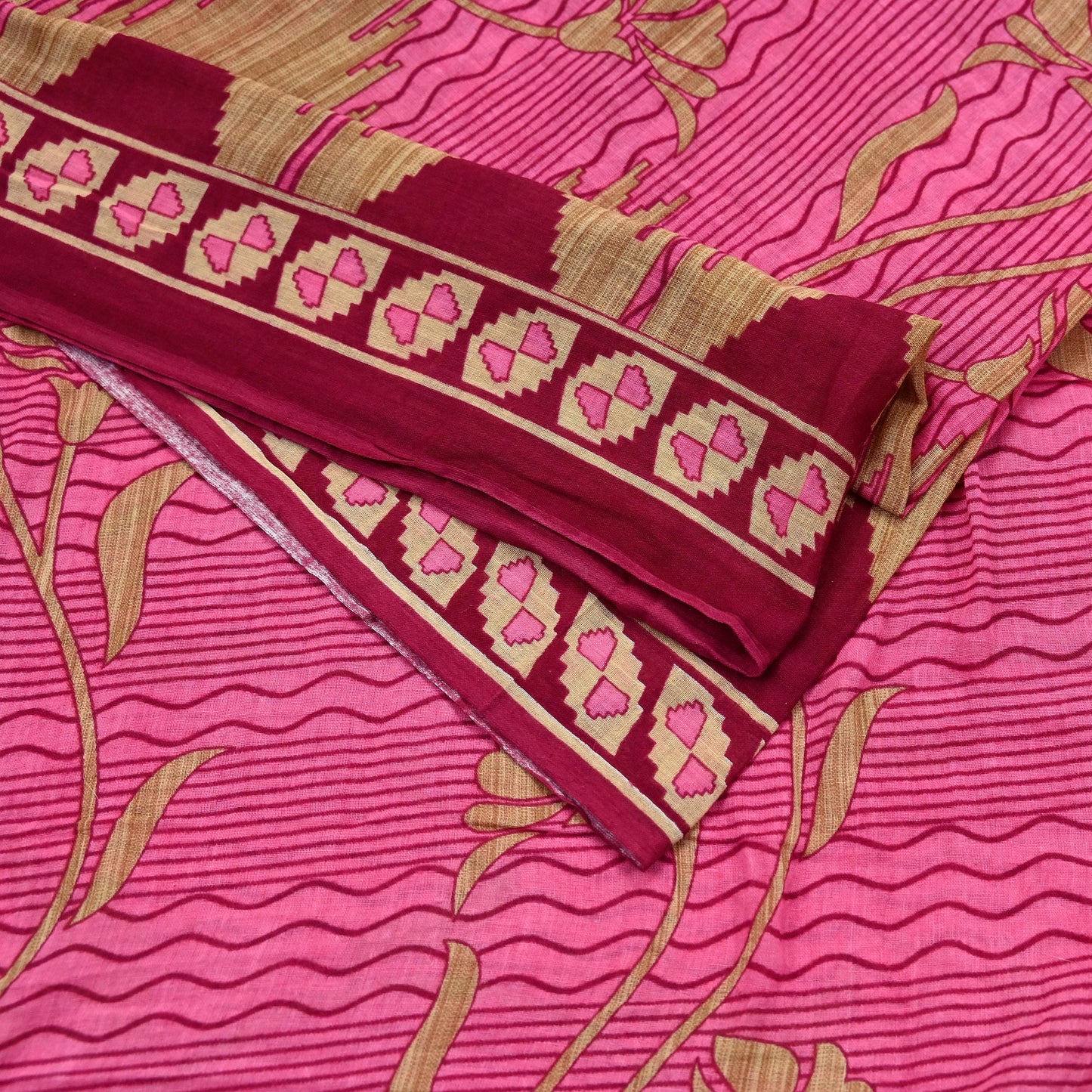 Indian Vintage Pink & Beige Saree Printed 100% Pure Cotton Sari Craft Fabric 5Yd Sewing Sarong Wrap Floral Dress making Quilting Crafting