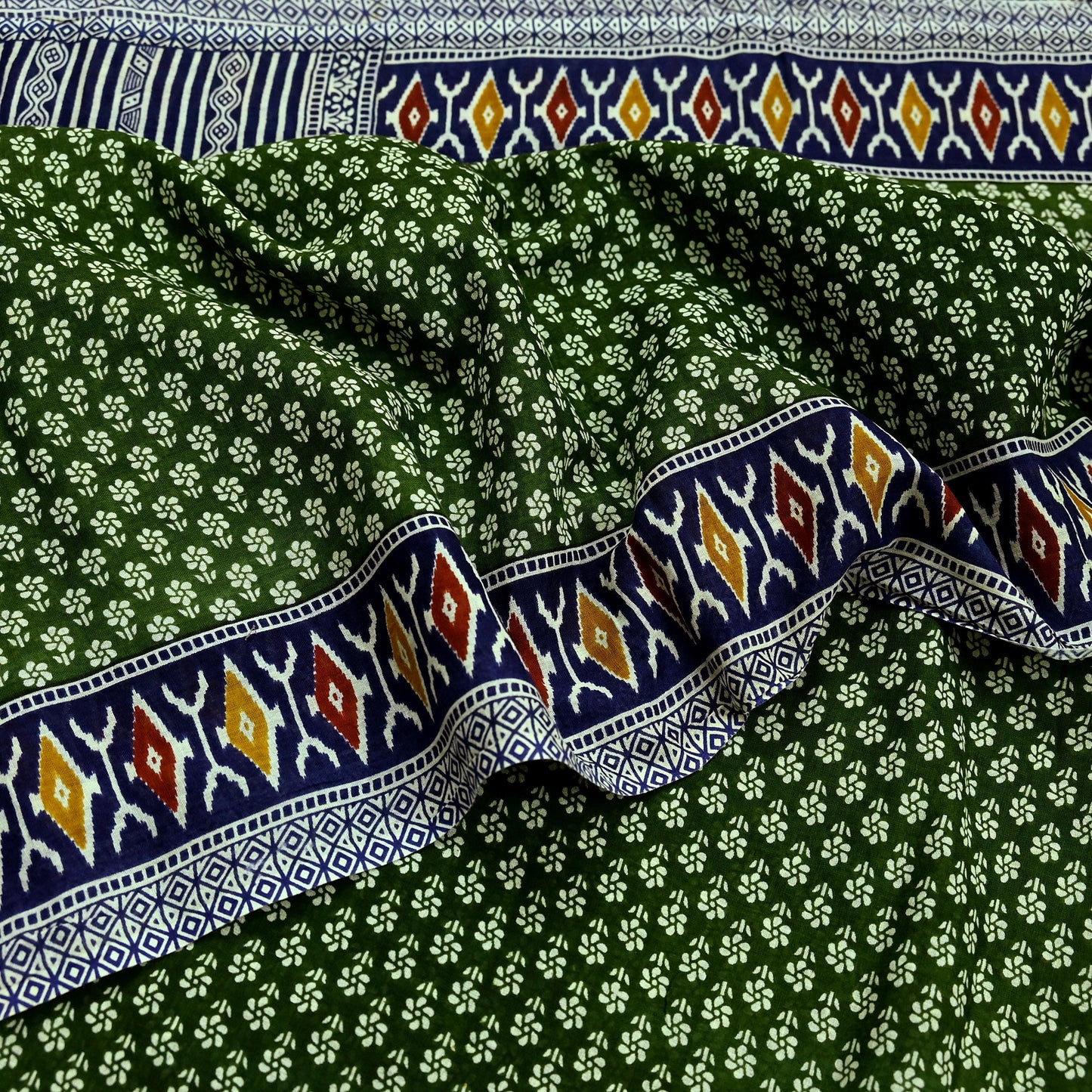 Indian Vintage Sari Blue & Green Pure Cotton Printed Sarees Craft Fabric 5Yd Soft Sewing Sarong Wrap Boho Floral Quilting Upcycle Crafting