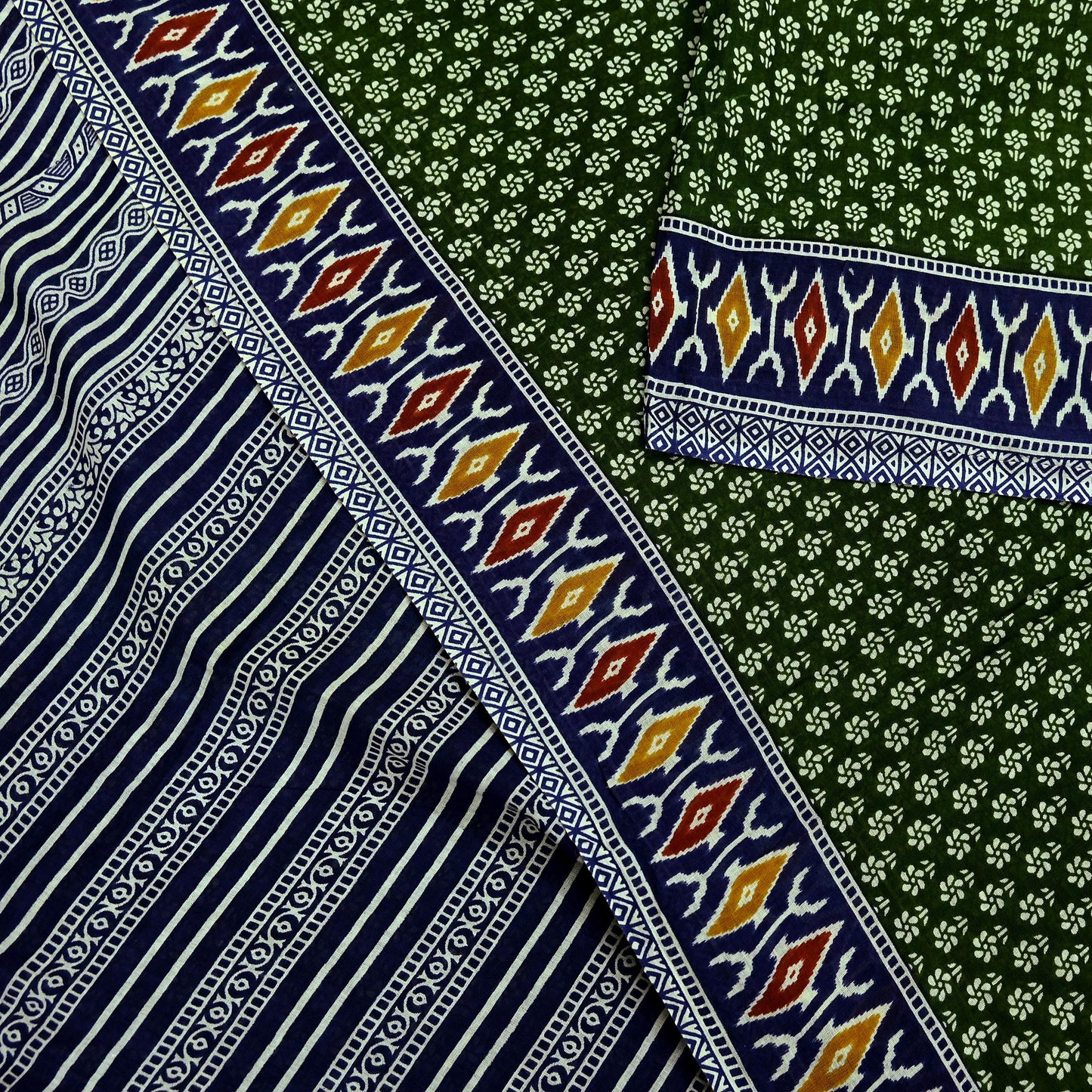 Indian Vintage Sari Blue & Green Pure Cotton Printed Sarees Craft Fabric 5Yd Soft Sewing Sarong Wrap Boho Floral Quilting Upcycle Crafting