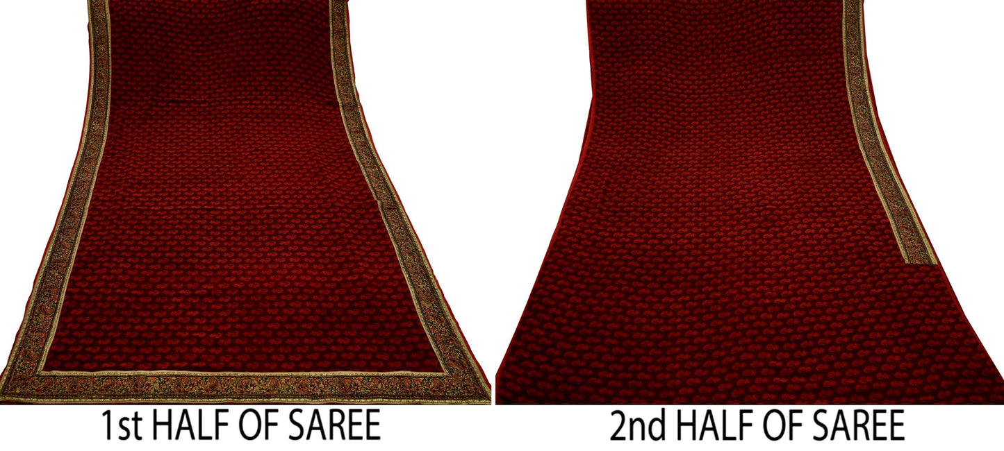 Indian Vintage Maroon Saree Pure Crepe Silk Printed Sari Craft Fabric 5yd Sewing Floral Soft Wrap Dress Making Crafting Quilting Upcycle