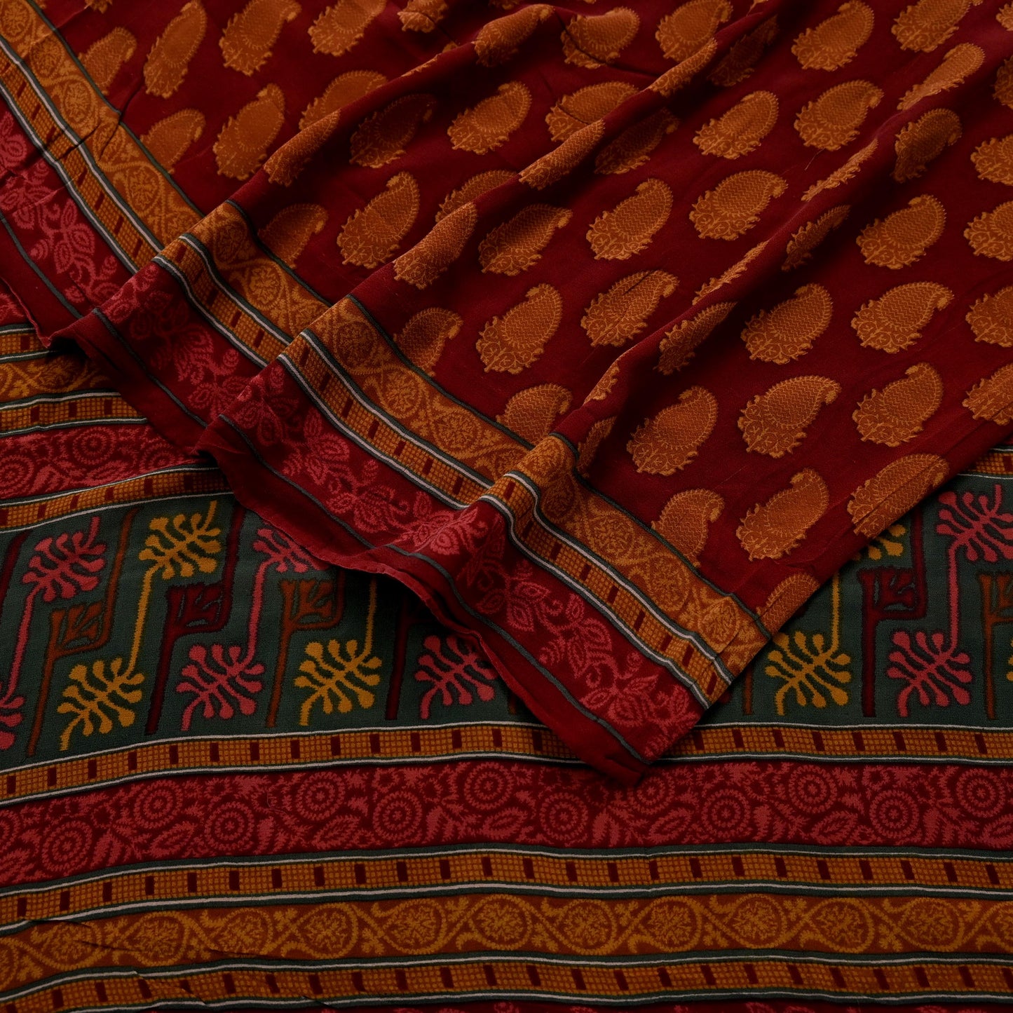 Women Vintage Sari Maroon Pure Georgette Silk Printed Saree Craft Fabric Sewing 6Yd Soft Light Dress Making Floral Quilting Paisley