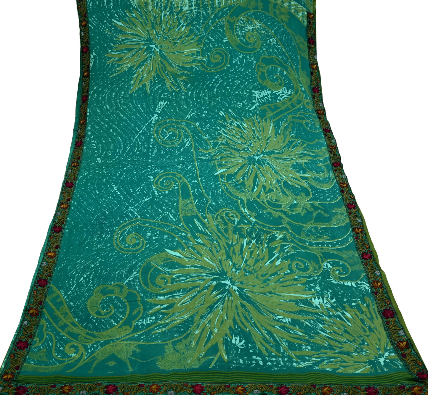 Women Vintage Sari Green 100% Pure Georgette Silk Printed Saree Craft Fabric Sewing 5Yd Soft Sari Dress Making Upcycle Quilting Crafting