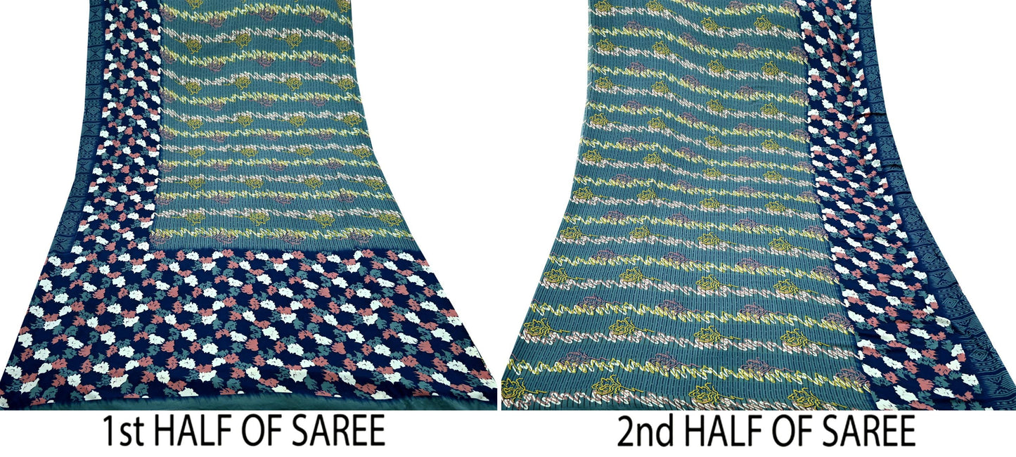 Indian Vintage Blue & Gray Sarees Moss Crepe Printed Sari 5yd Sewing Floral Soft Craft Fabric DressMaking For Crafting Quilting Upcycle