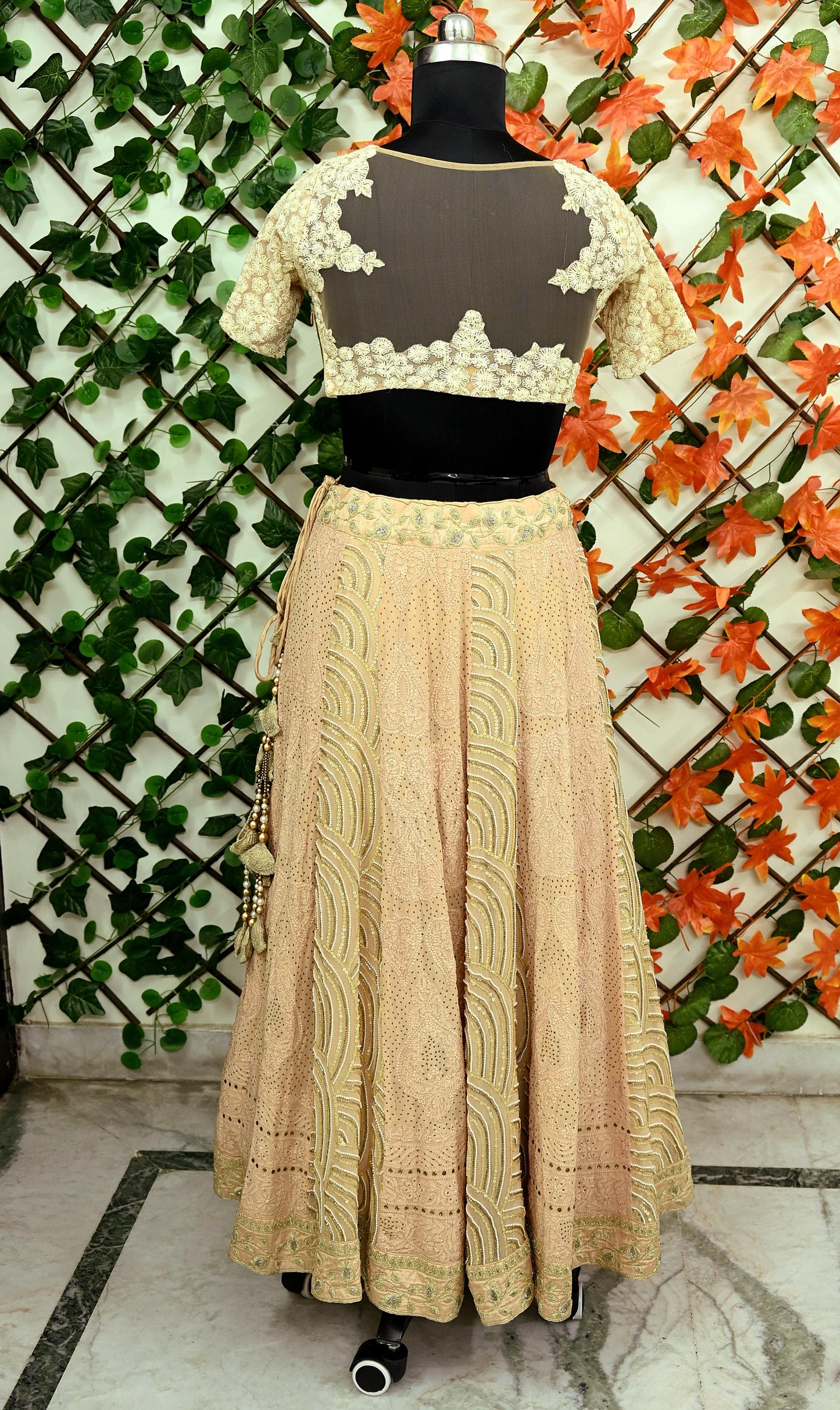 Indian Pre-owned Heavy Hand Embroidered Chikankari/Mukesh Lehenga/Dupatta/Choli 3pcs Set By Designer Abu Jani Pure Georgette Silk
