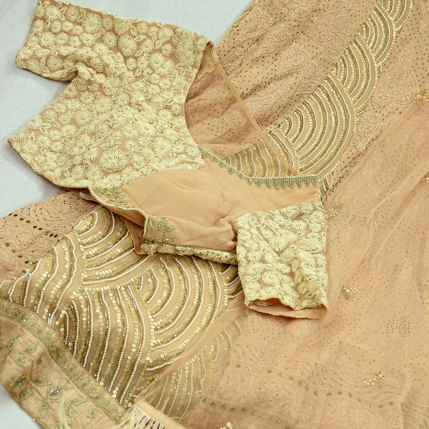 Indian Pre-owned Heavy Hand Embroidered Chikankari/Mukesh Lehenga/Dupatta/Choli 3pcs Set By Designer Abu Jani Pure Georgette Silk