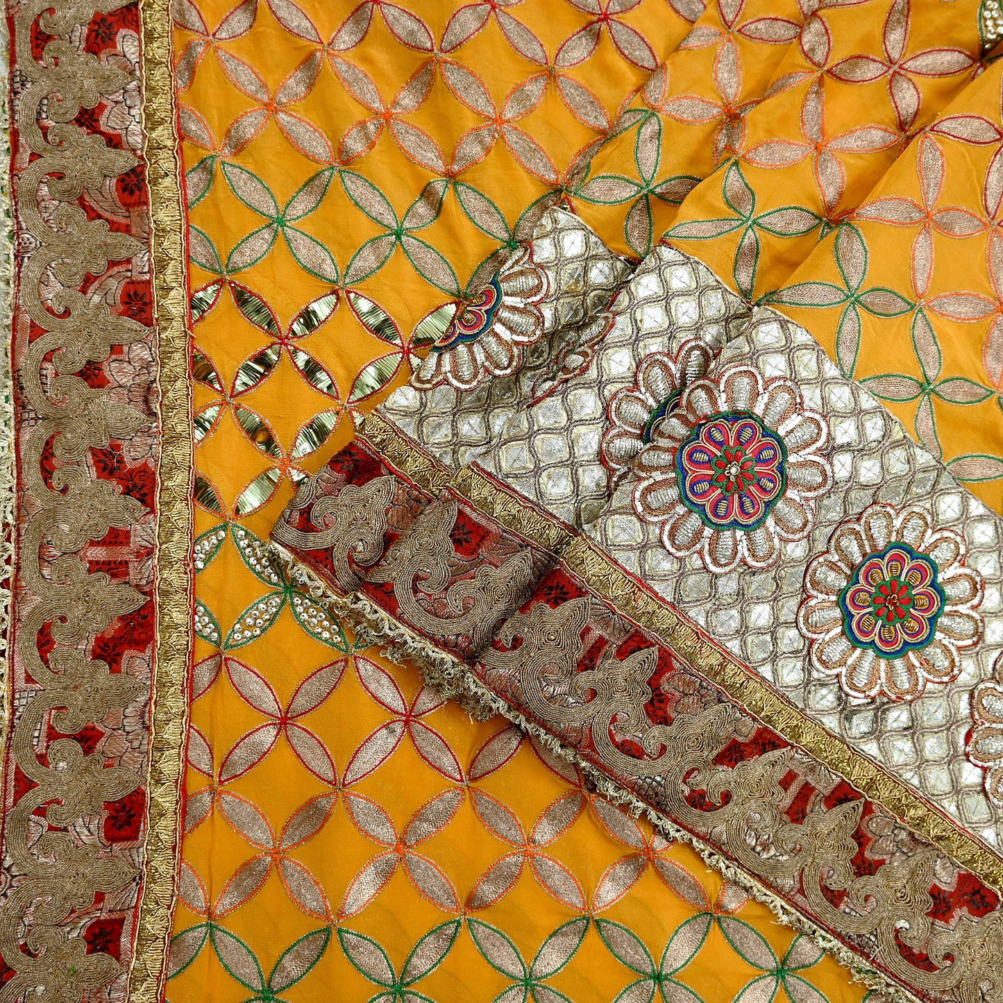 Indian Pre-Owned Heavy Hand Embroidered By Designer Anamika Khanna Dupatta Saffron Pure Georgette Silk Wedding/Party