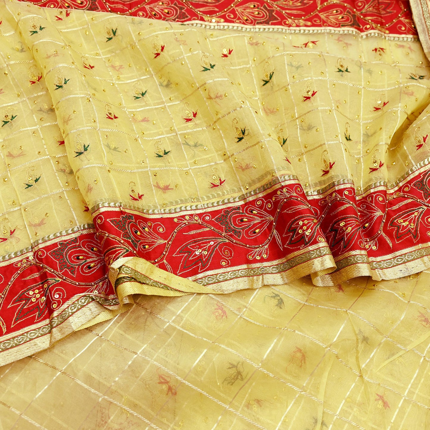 Indian Vintage Sari Yellow Hand Embroidered Saree Pure Organza Silk Craft Fabric 5Yd Ethnic Dress Making Crafting Quilting Zardozi