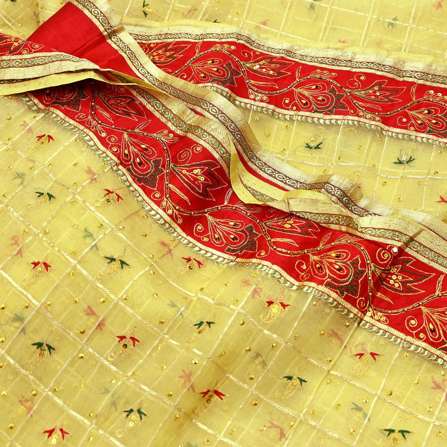Indian Vintage Sari Yellow Hand Embroidered Saree Pure Organza Silk Craft Fabric 5Yd Ethnic Dress Making Crafting Quilting Zardozi