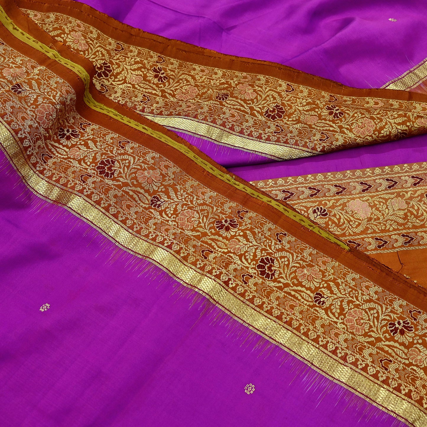 Indian Vintage Heavy Saffron & Purple Kanjivaram Saree 100% Pure Silk Sari Zari 5Yd Floral Crafting Dress making Crafting Quilting
