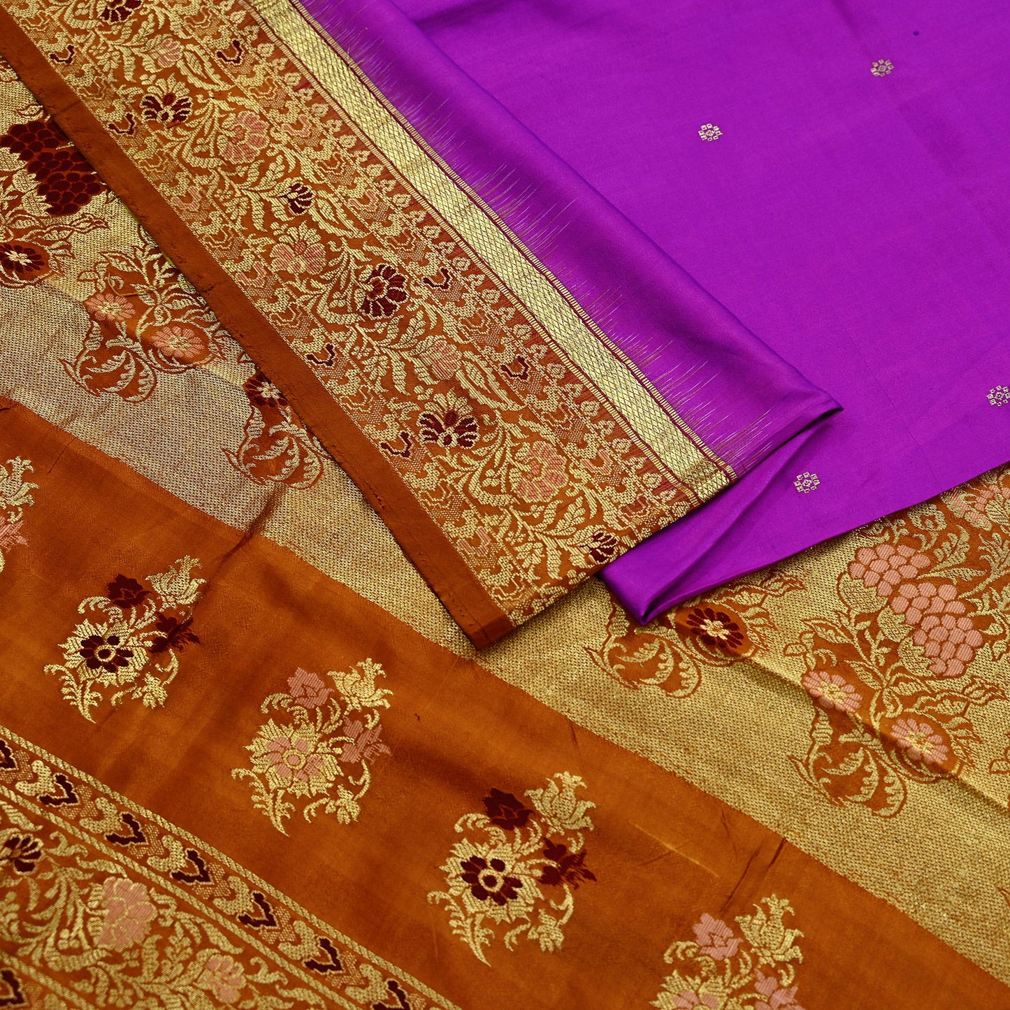 Indian Vintage Heavy Saffron & Purple Kanjivaram Saree 100% Pure Silk Sari Zari 5Yd Floral Crafting Dress making Crafting Quilting