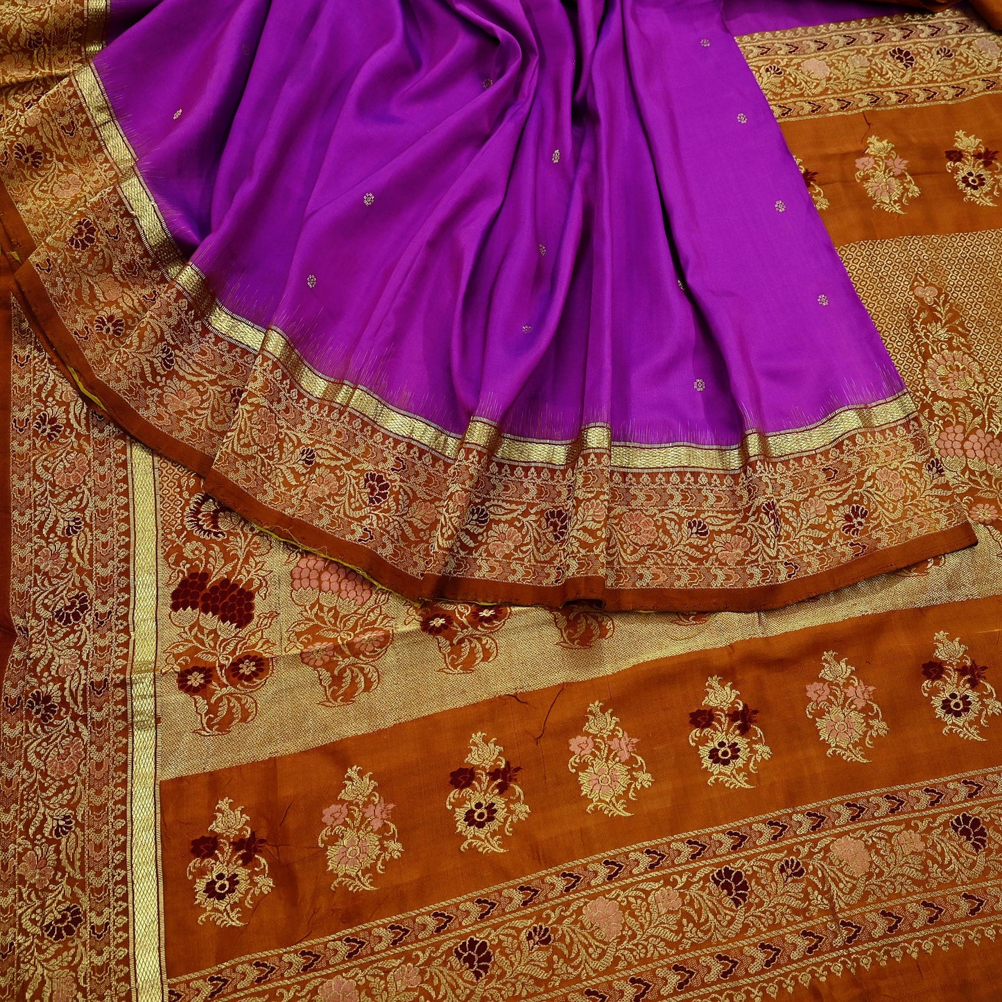 Indian Vintage Heavy Saffron & Purple Kanjivaram Saree 100% Pure Silk Sari Zari 5Yd Floral Crafting Dress making Crafting Quilting
