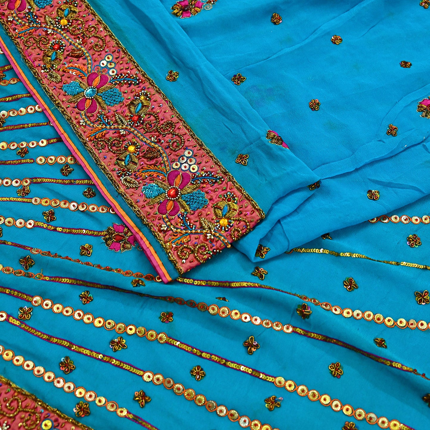 Indian Vintage Heavy Sarees Blue Pure Georgette Silk Hand Embroidered Sari Fabric 5Yd Sewing Ethnic Zardozi/dabka zari Wedding sarees