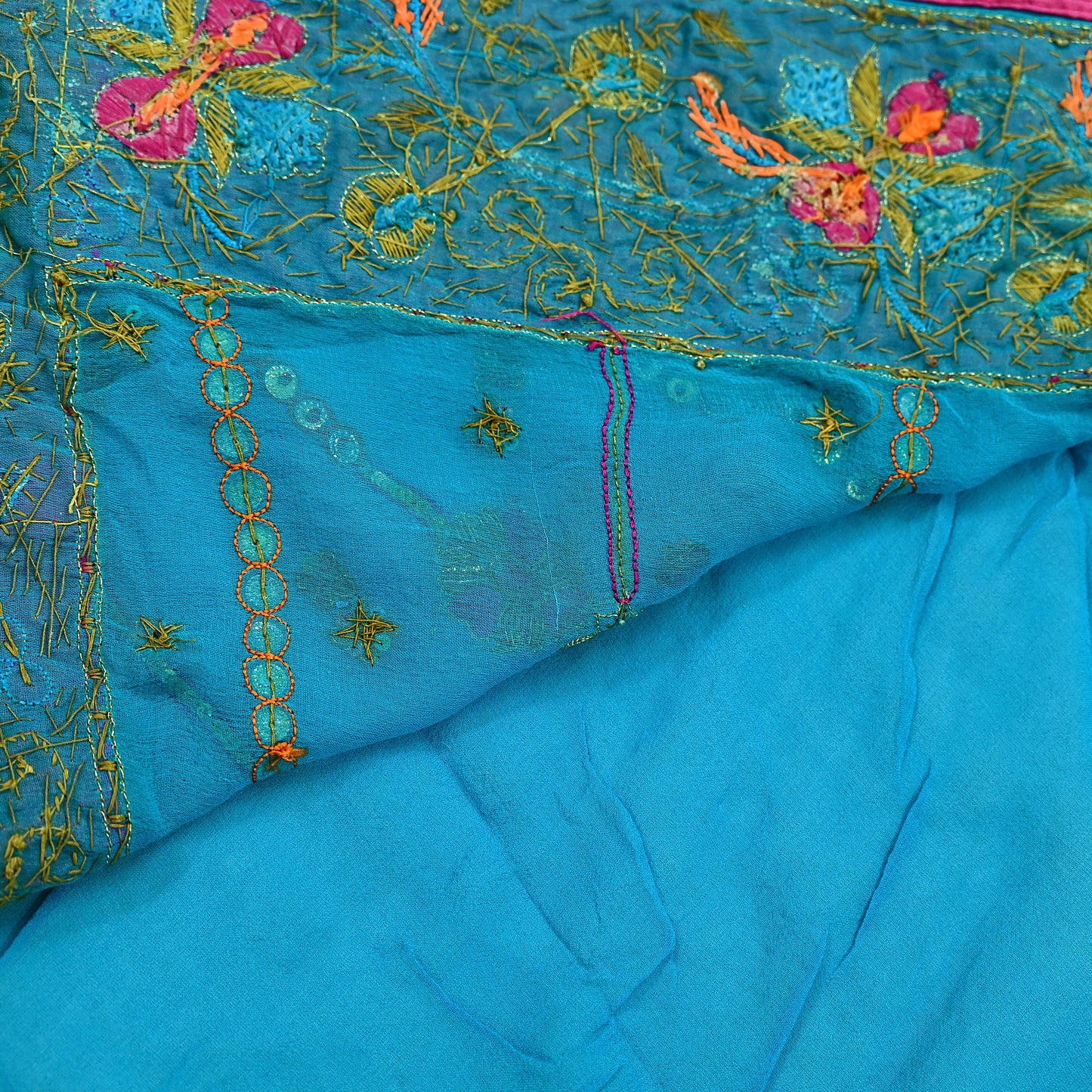 Indian Vintage Heavy Sarees Blue Pure Georgette Silk Hand Embroidered Sari Fabric 5Yd Sewing Ethnic Zardozi/dabka zari Wedding sarees