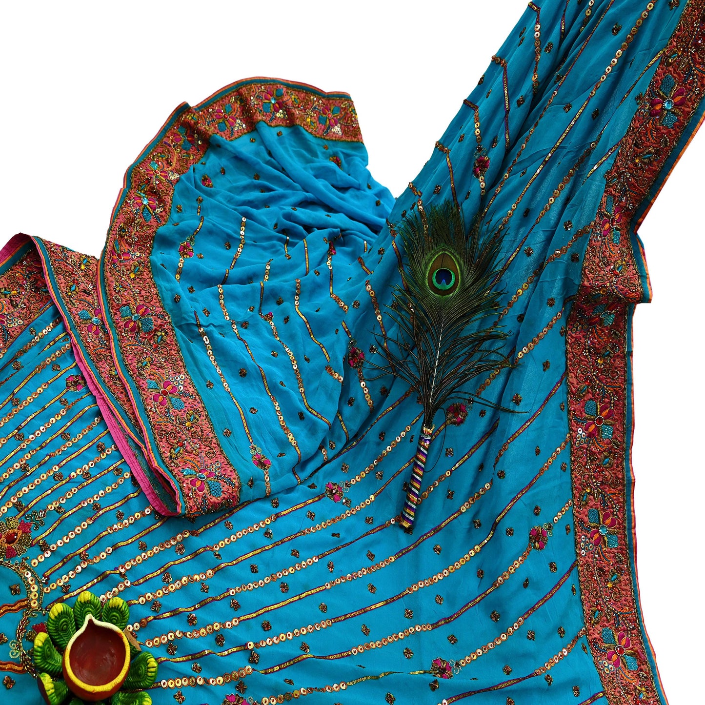 Indian Vintage Heavy Sarees Blue Pure Georgette Silk Hand Embroidered Sari Fabric 5Yd Sewing Ethnic Zardozi/dabka zari Wedding sarees