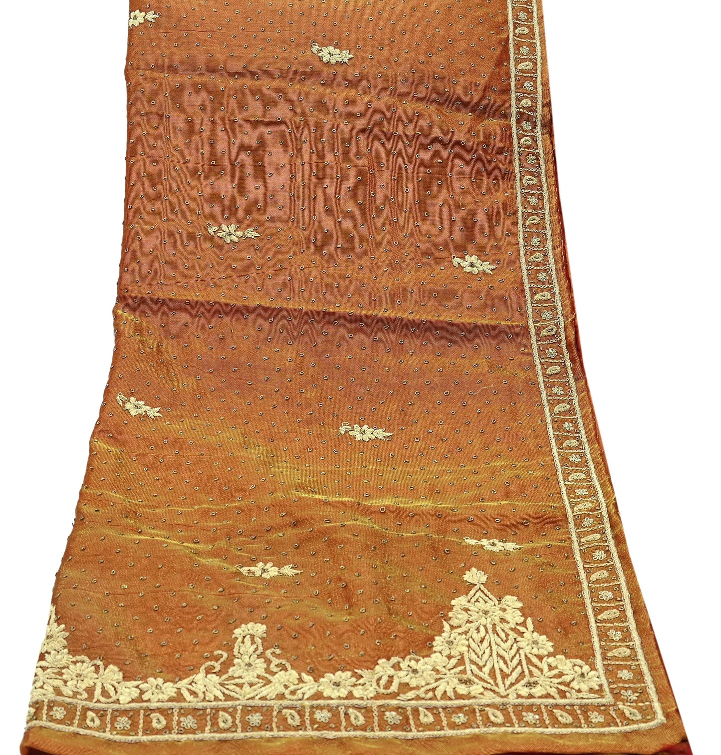 Indian Vintage Heavy Golden Dupatta Pure Tissue Silk Long Stole Hand Embroidered Scarves Zari Zardozi/Dabka