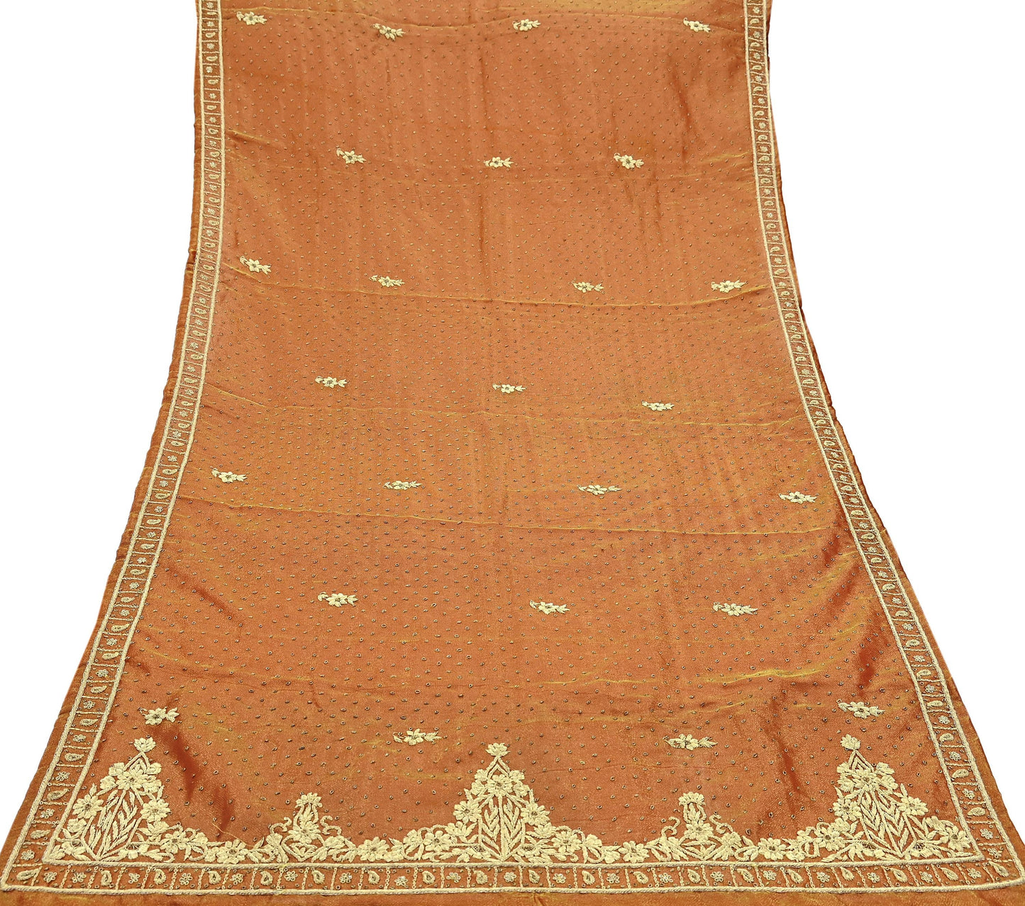 Indian Vintage Heavy Golden Dupatta Pure Tissue Silk Long Stole Hand Embroidered Scarves Zari Zardozi/Dabka