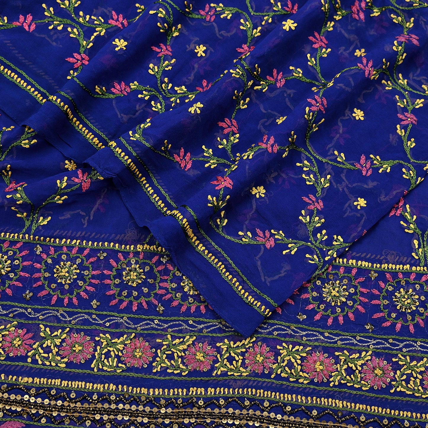 Indian Vintage Heavy Blue Dupatta Pure Georgette silk Long Stole Hand Embroidered Chikankari Stole Scarf Scarves Veil