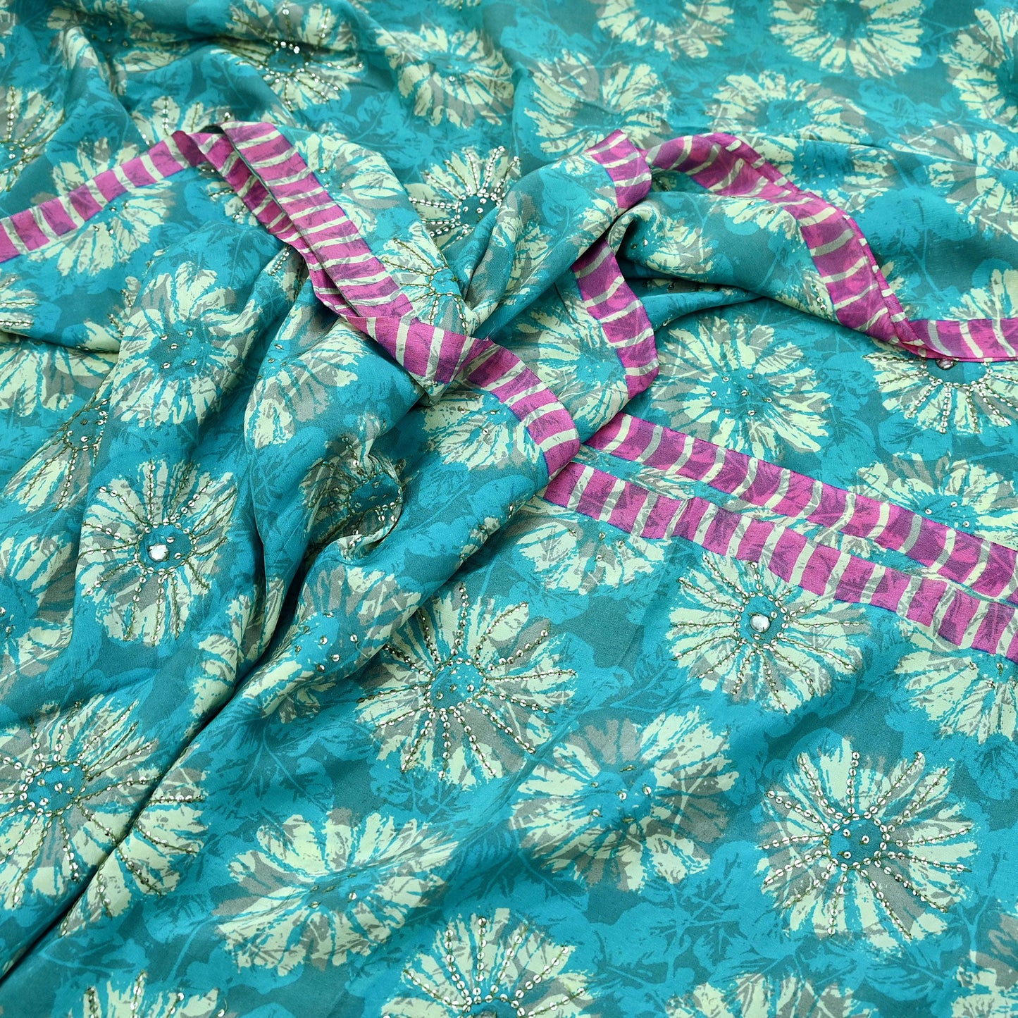 Indian Vintage Sari Green & Pink Pure Crepe Silk Hand Embroidered Saree 5yd Sewing Floral Craft Sequins Dress making Crafting Quilting