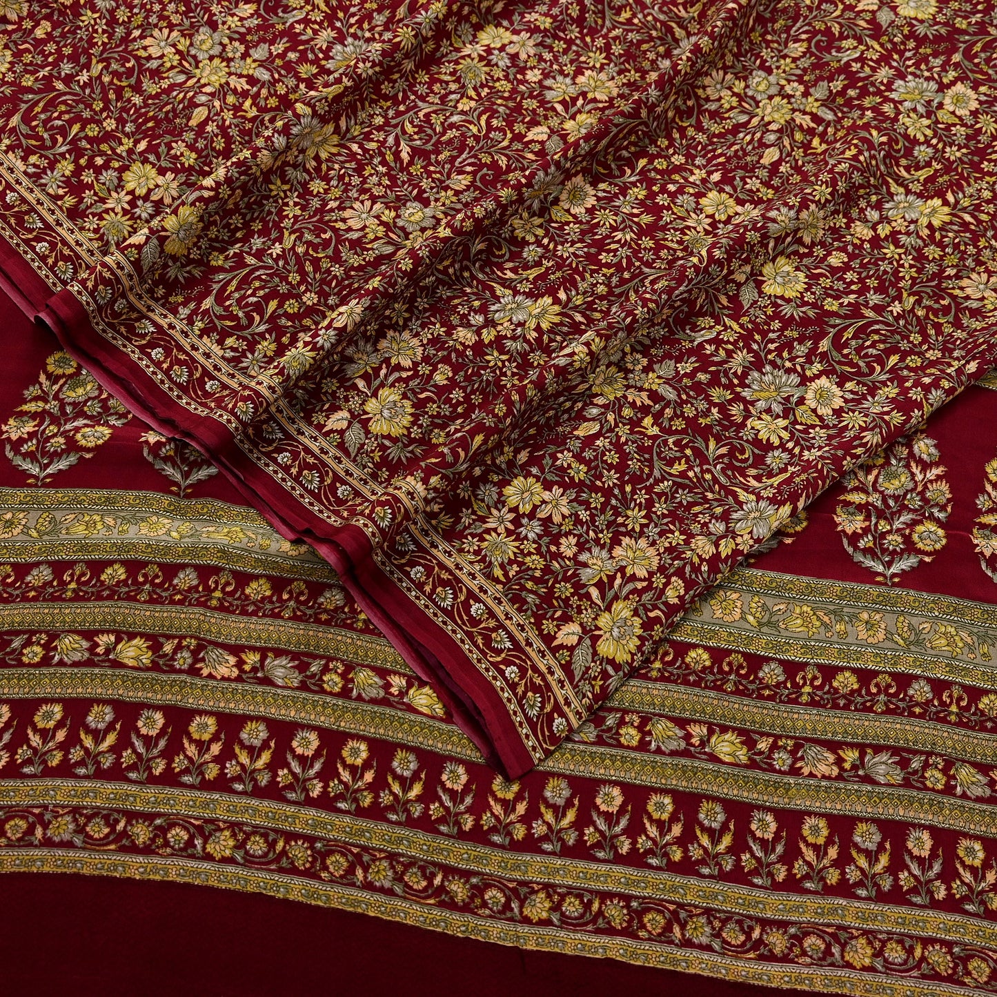 Indian Vintage Maroon Saree Pure Crepe Silk Printed Sari 5yd Sewing Floral Soft Craft Fabric Ethnic Wrap Dress making For Crafting Quilting