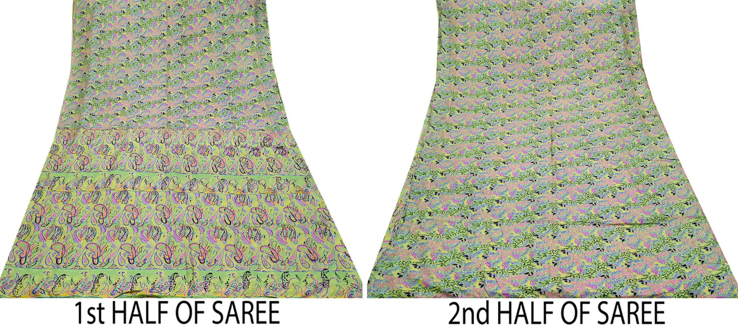 Indian Vintage Sari Green Pure Silk Printed Sarees 5yd Sewing Craft Fabric Dress Making Soft Floral Wrap Upcycle Used Quilting Crafting