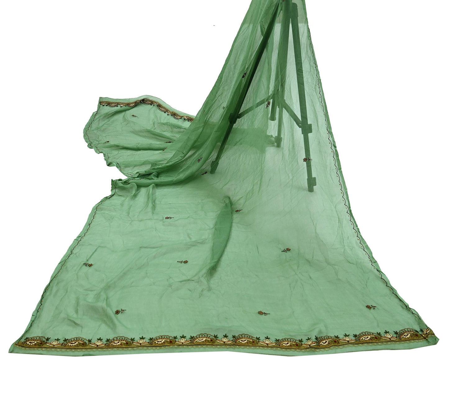 Indian Vintage Green Dupatta Pure Chiffon silk Long Stole Hand Embroidered Scarves Floral Design Stole Veil Wrap Zari Zardozi