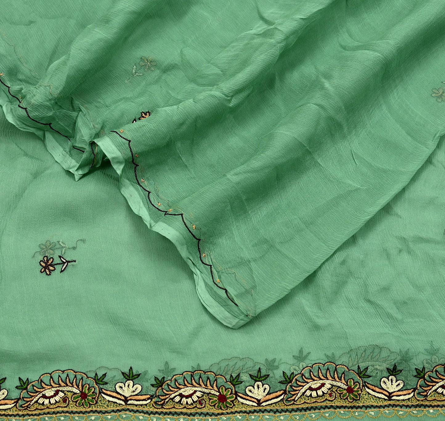 Indian Vintage Green Dupatta Pure Chiffon silk Long Stole Hand Embroidered Scarves Floral Design Stole Veil Wrap Zari Zardozi