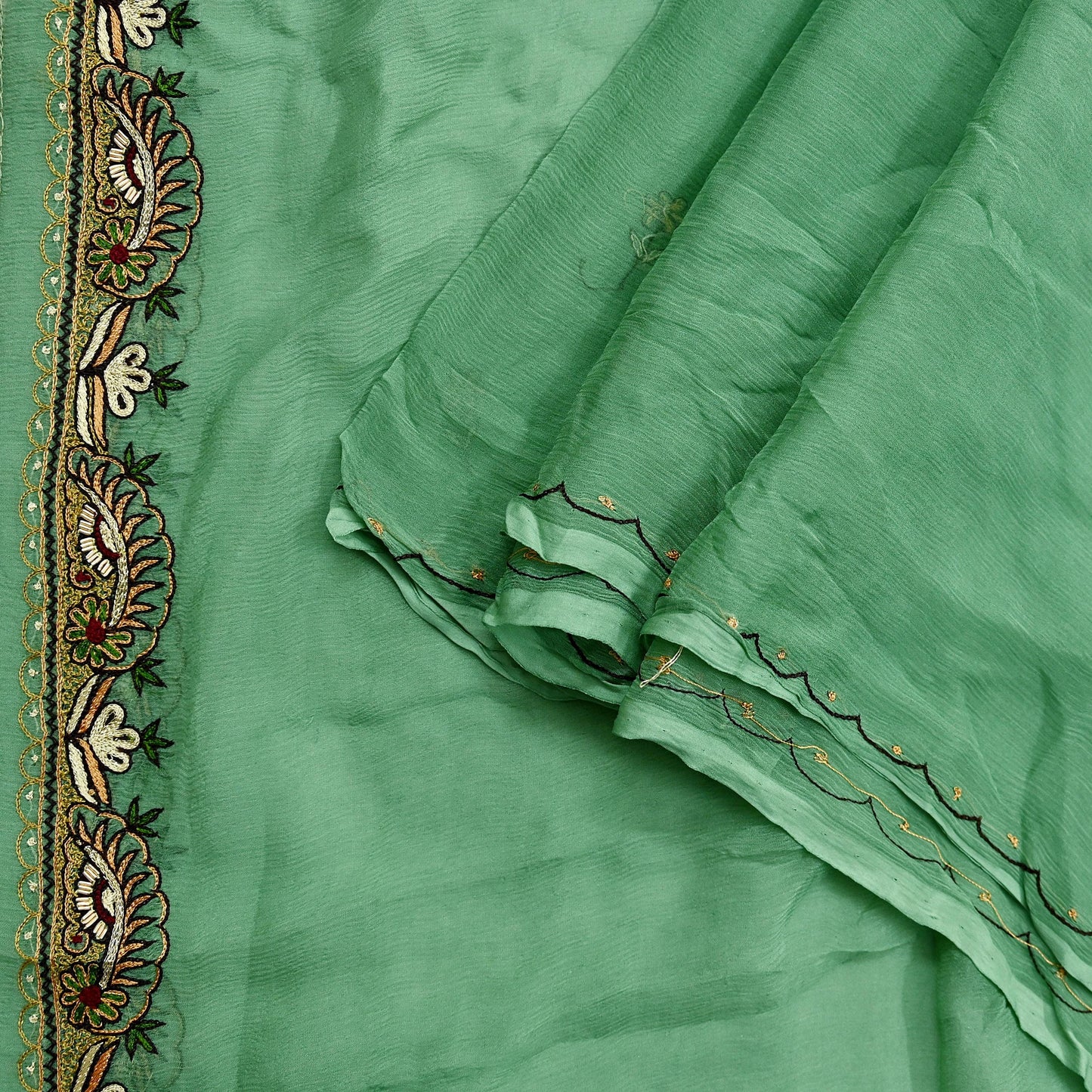 Indian Vintage Green Dupatta Pure Chiffon silk Long Stole Hand Embroidered Scarves Floral Design Stole Veil Wrap Zari Zardozi