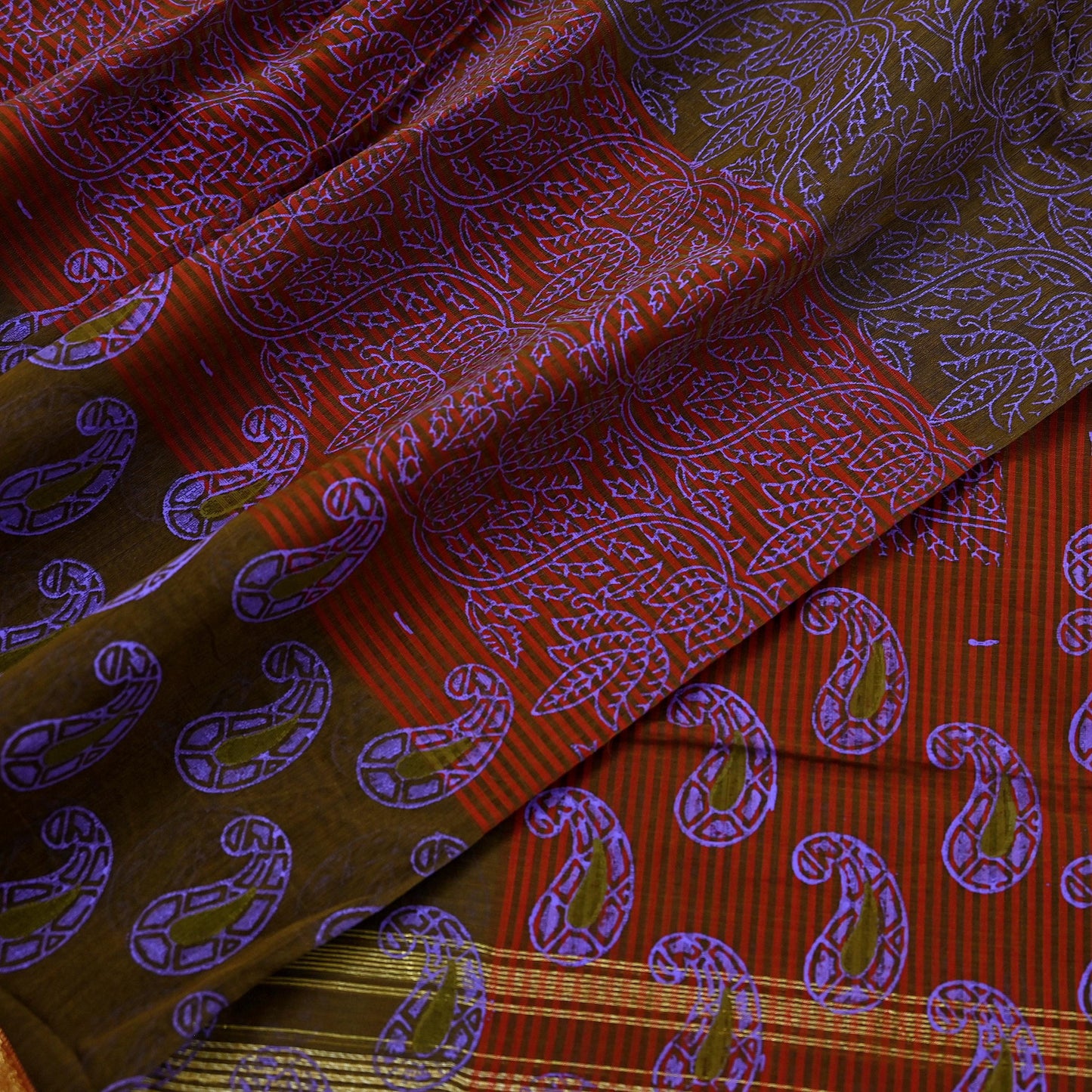 Indian Vintage Dupatta Long Stole Woven Block Painted Pure Chanderi Silk Indian Scarves Veil Golden Zari Floral Design For her