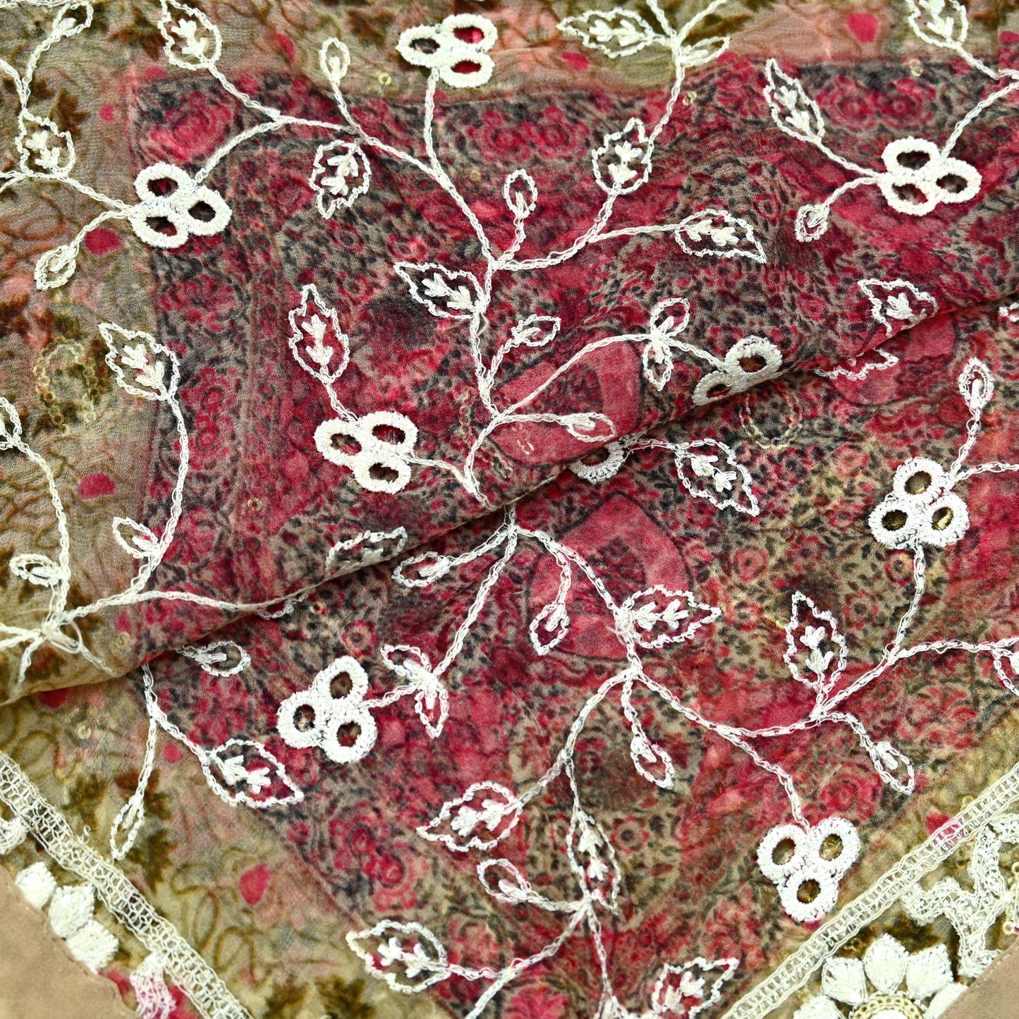 Indian Vintage Dupatta Beige & Pink Pure Georgette silk Long Stole Embroidered Scarves Stole Veil Wrap Sequins Zari