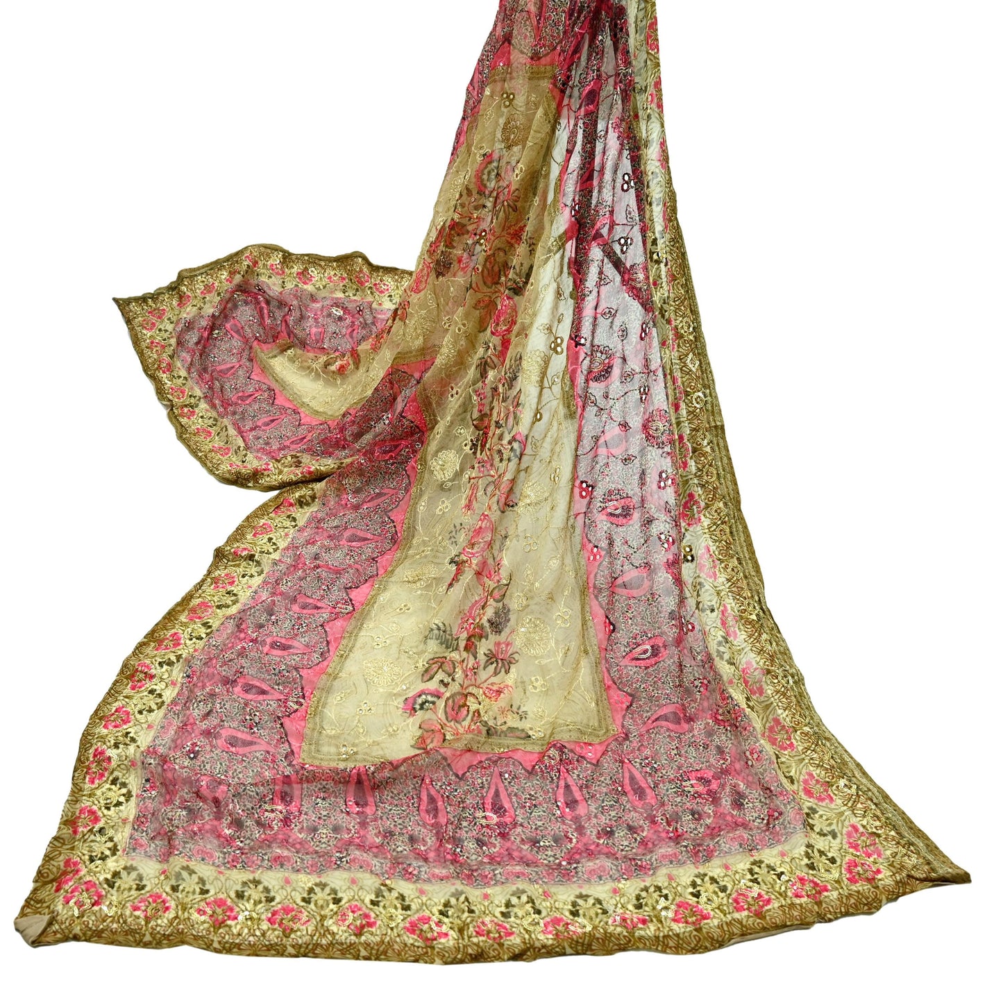 Indian Vintage Dupatta Beige & Pink Pure Georgette silk Long Stole Embroidered Scarves Stole Veil Wrap Sequins Zari
