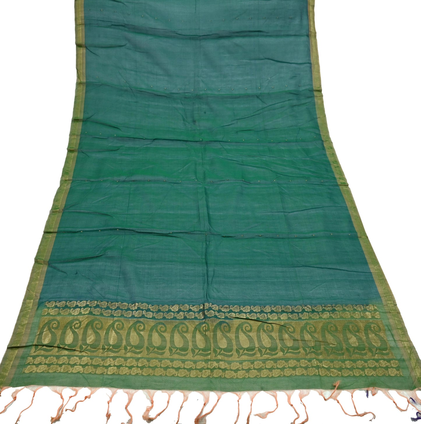 Indian Vintage Dupatta Green Long Stole Printed Woven Pure Chanderi Silk Indian Scarves Veil Golden Zari Soft Fringes