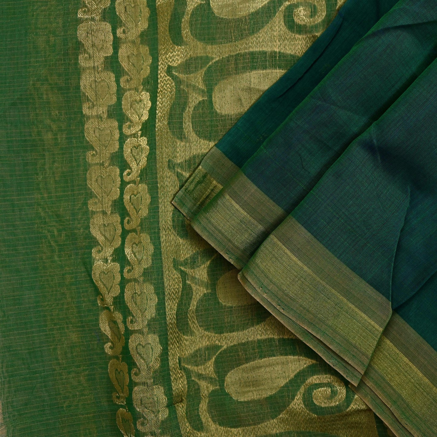Indian Vintage Dupatta Green Long Stole Printed Woven Pure Chanderi Silk Indian Scarves Veil Golden Zari Soft Fringes