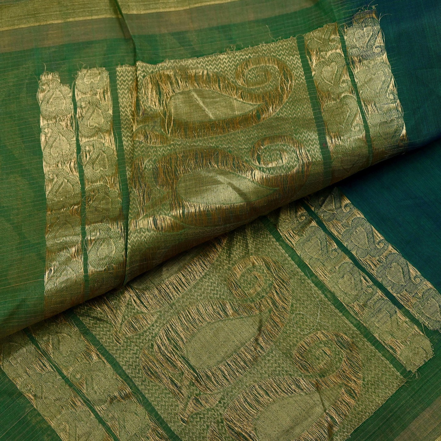 Indian Vintage Dupatta Green Long Stole Printed Woven Pure Chanderi Silk Indian Scarves Veil Golden Zari Soft Fringes