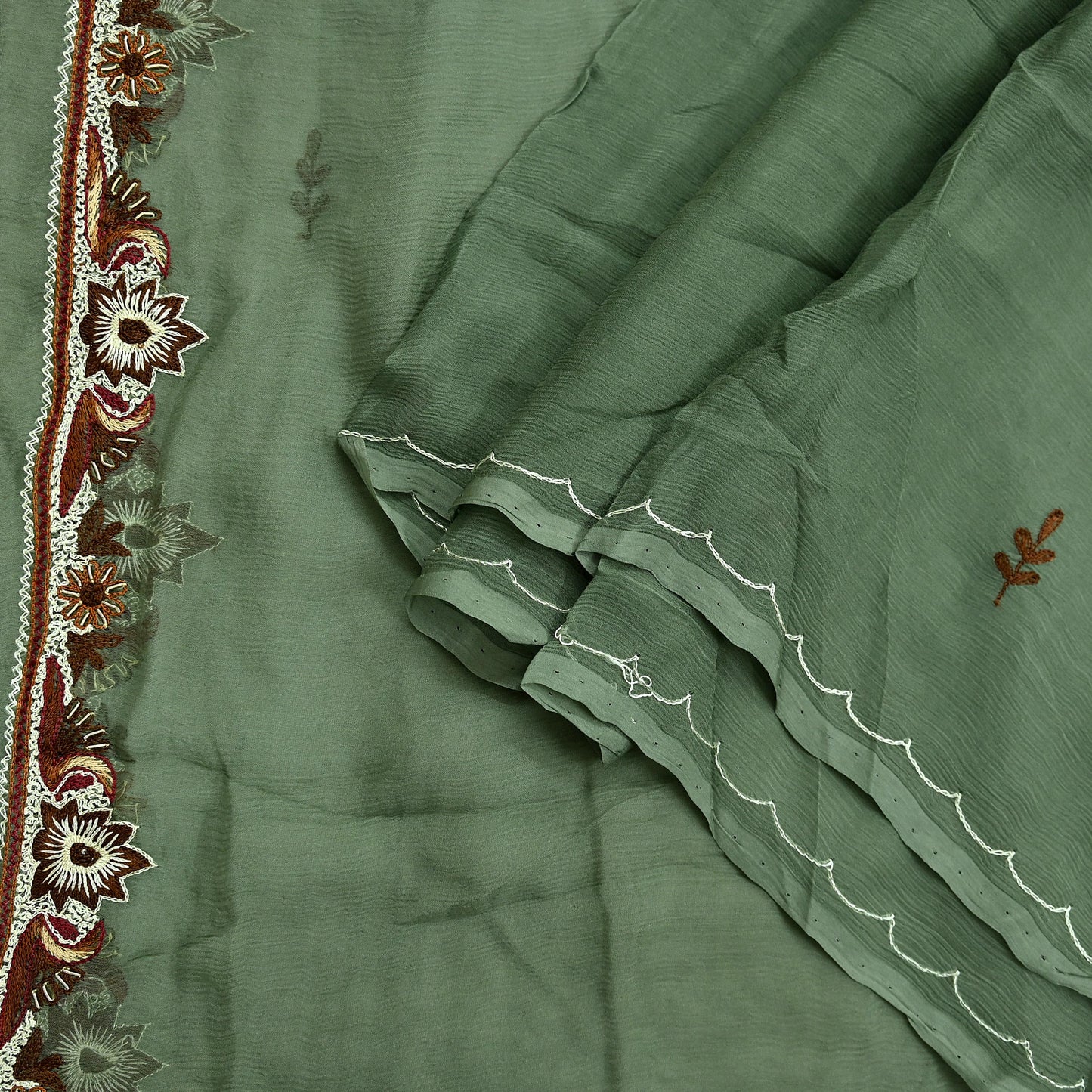 Indian Vintage Green Dupatta Pure Chiffon silk Long Stole Hand Embroidered Scarves Floral Design Stole Veil Wrap