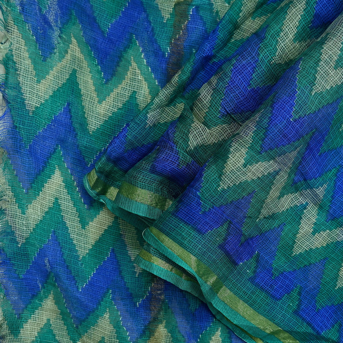 Indian Vintage Green & Blue Dupatta Long Stole Block Print Pure Chanderi Silk Indian Scarves Veil Golden Zari Floral Design For her
