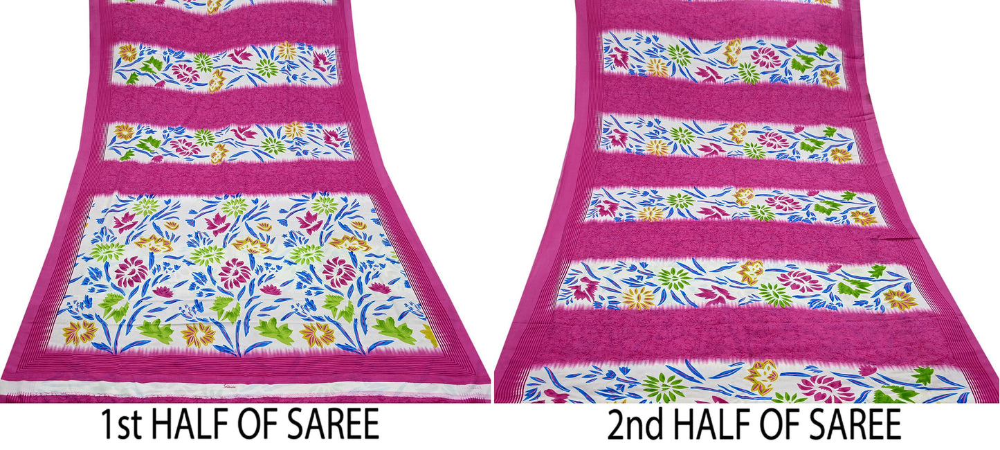 Indian Vintage Sari Ivory & Pink Moss Crepe Printed Sarees 5yd Craft Fabric Sewing Floral Soft Dress making Quilting Crafting Upcycle Used