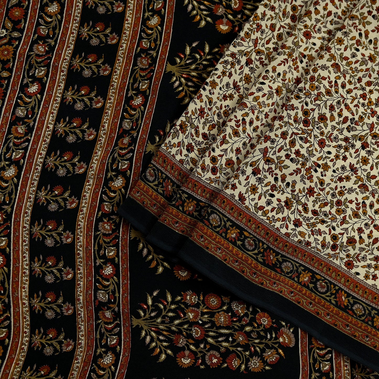 Indian Vintage Beige & Black Saree Pure Crepe Silk Printed Sari Craft Fabric 5yd Sewing Floral Soft Wrap Dress making Crafting Quilting