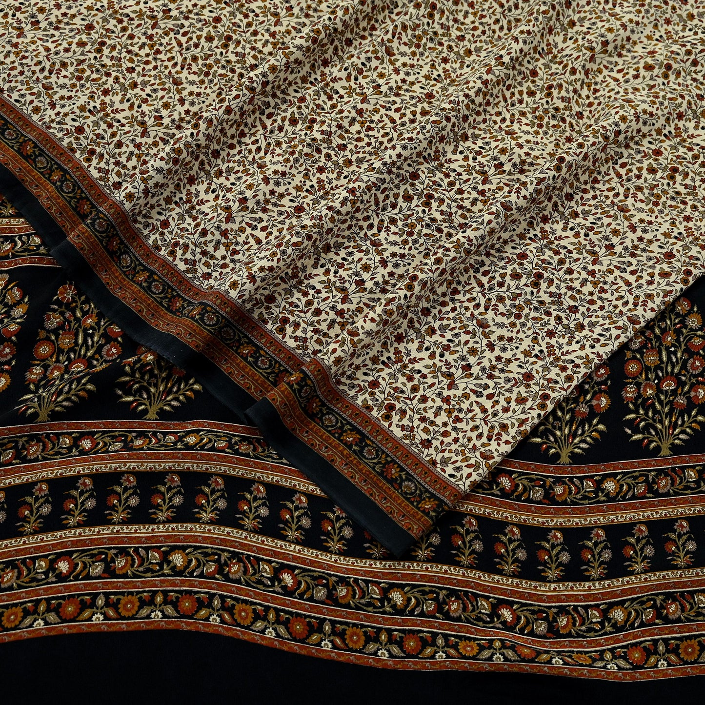 Indian Vintage Beige & Black Saree Pure Crepe Silk Printed Sari Craft Fabric 5yd Sewing Floral Soft Wrap Dress making Crafting Quilting