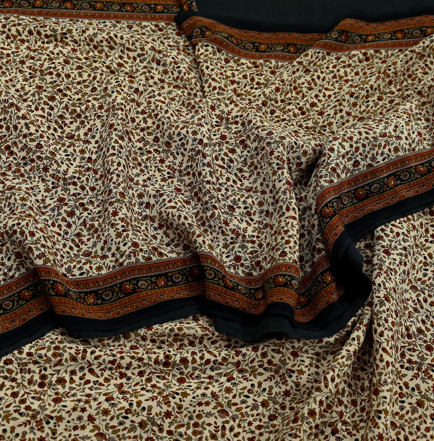 Indian Vintage Beige & Black Saree Pure Crepe Silk Printed Sari Craft Fabric 5yd Sewing Floral Soft Wrap Dress making Crafting Quilting