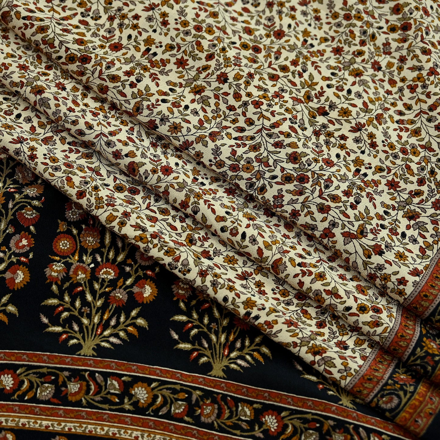 Indian Vintage Beige & Black Saree Pure Crepe Silk Printed Sari Craft Fabric 5yd Sewing Floral Soft Wrap Dress making Crafting Quilting