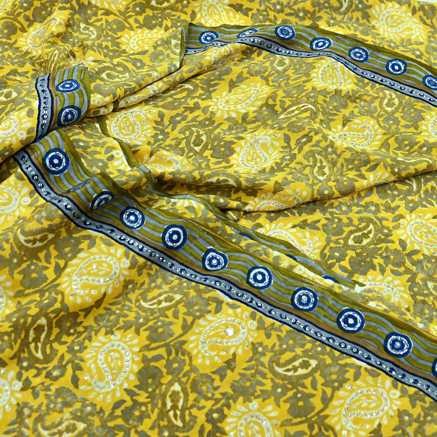 Indian Vintage Sari Gray & Yellow Pure Crepe Silk Hand Embroidered Saree 6yd Sewing Floral Craft Sequins Dress making Crafting Quilting