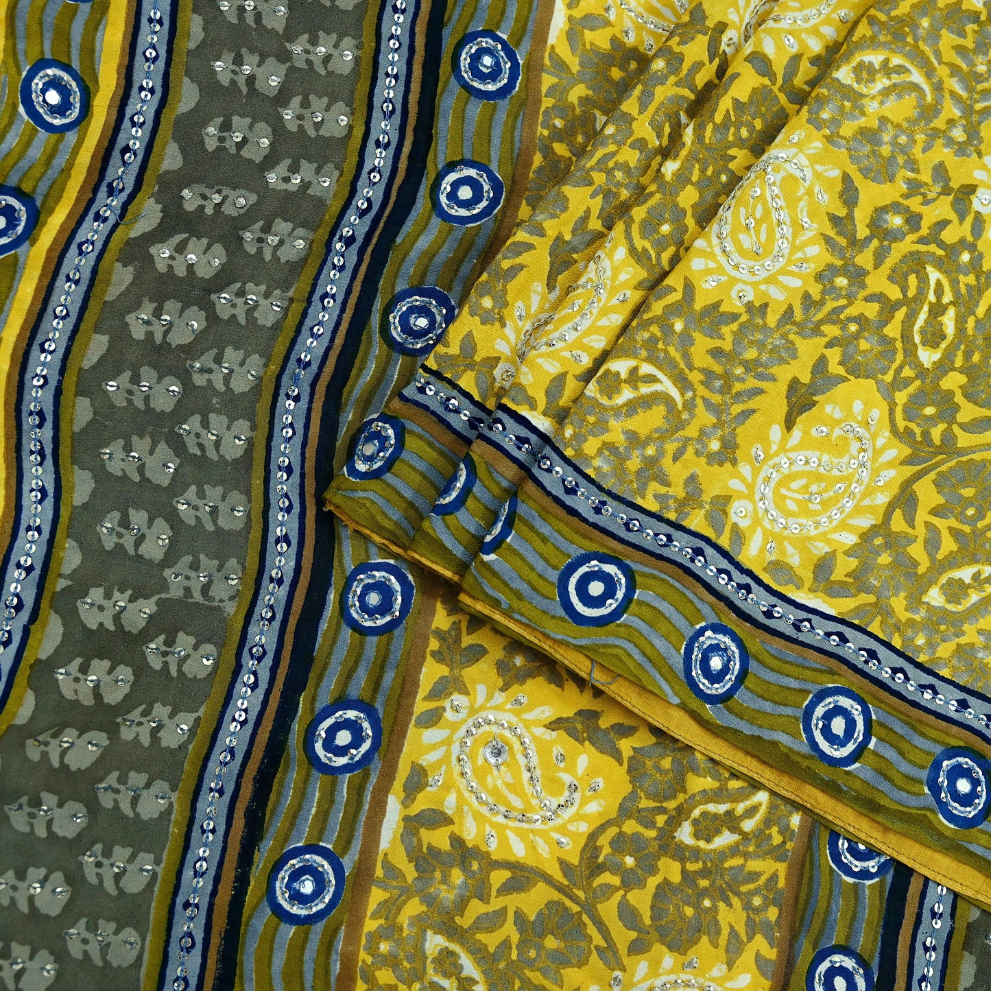 Indian Vintage Sari Gray & Yellow Pure Crepe Silk Hand Embroidered Saree 6yd Sewing Floral Craft Sequins Dress making Crafting Quilting
