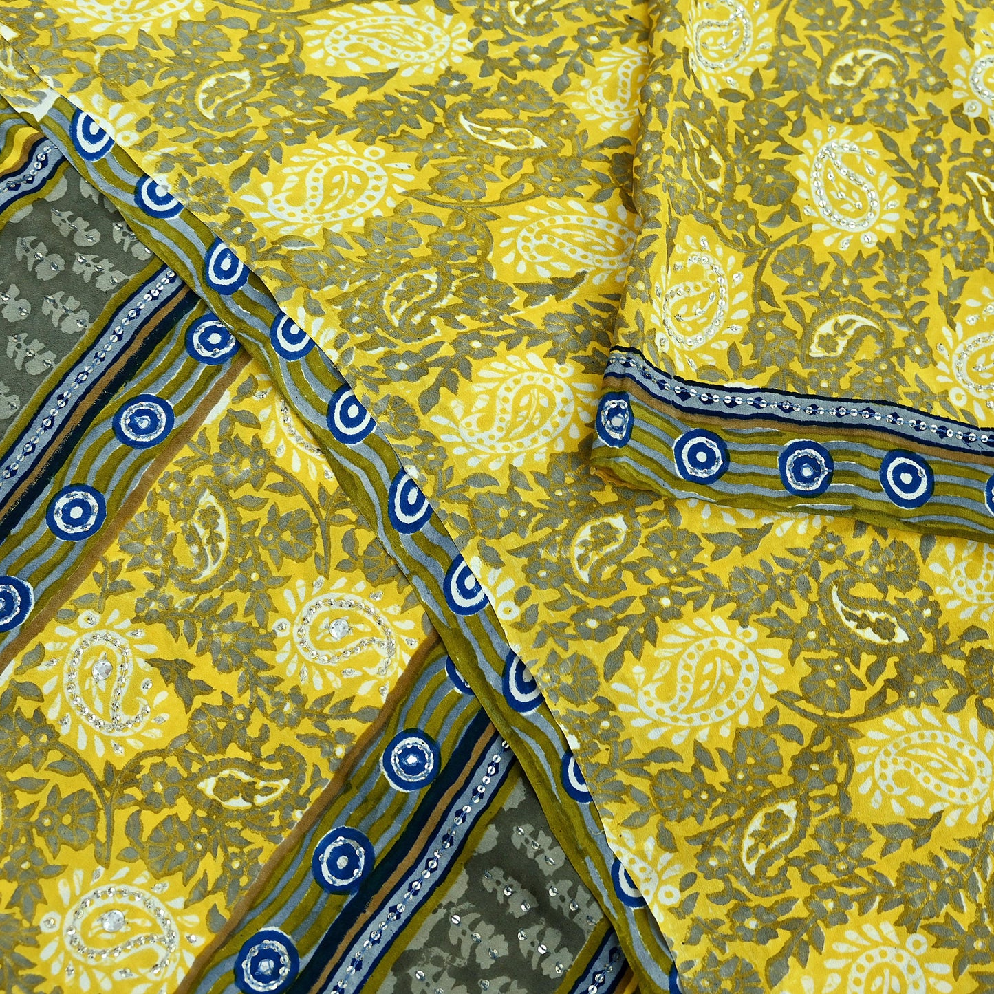 Indian Vintage Sari Gray & Yellow Pure Crepe Silk Hand Embroidered Saree 6yd Sewing Floral Craft Sequins Dress making Crafting Quilting