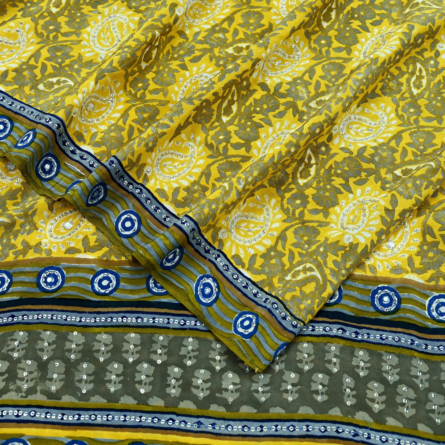 Indian Vintage Sari Gray & Yellow Pure Crepe Silk Hand Embroidered Saree 6yd Sewing Floral Craft Sequins Dress making Crafting Quilting