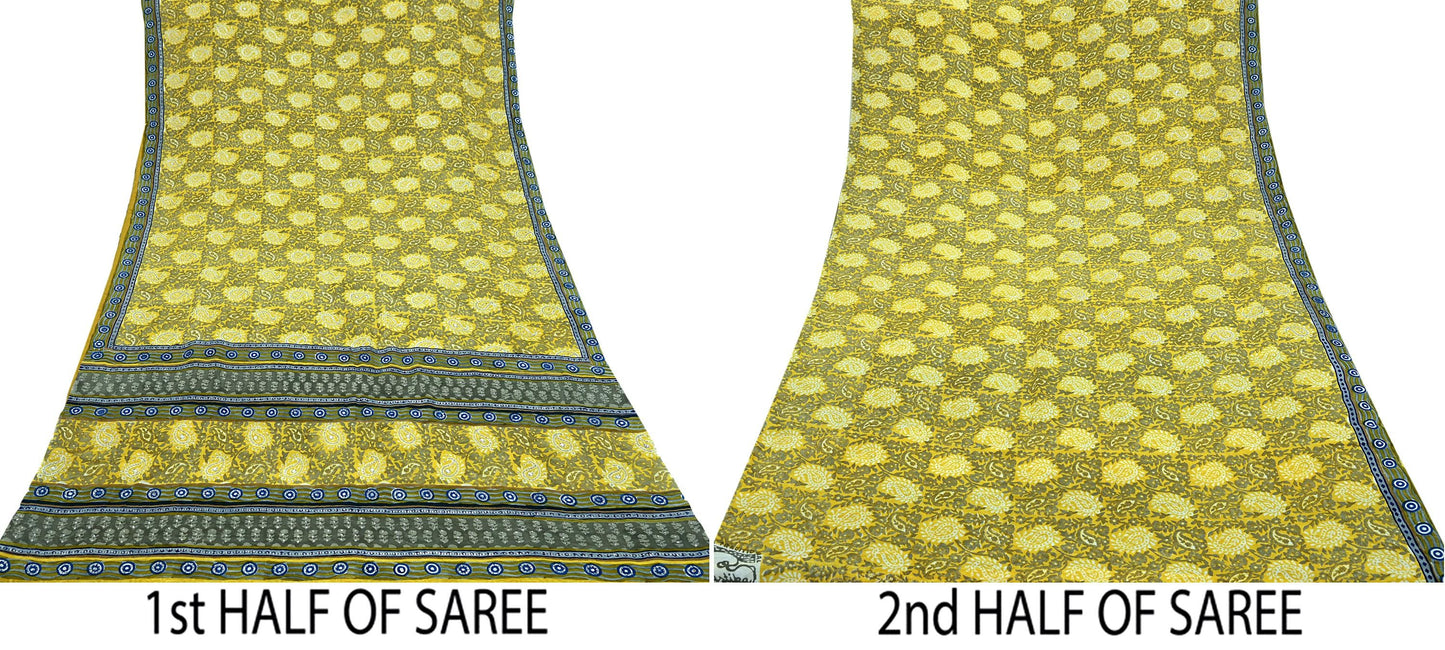Indian Vintage Sari Gray & Yellow Pure Crepe Silk Hand Embroidered Saree 6yd Sewing Floral Craft Sequins Dress making Crafting Quilting